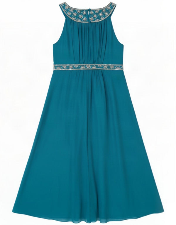 Monsoon Abito alla caviglia da donna UK 12 Seta floreale blu medio