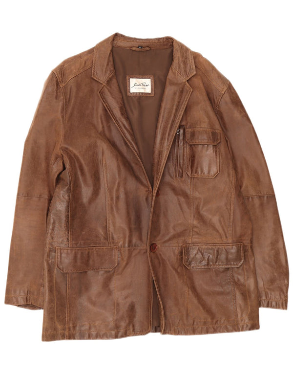 Giacca blazer vintage in pelle da uomo a 2 bottoni IT 54 2XL Marrone