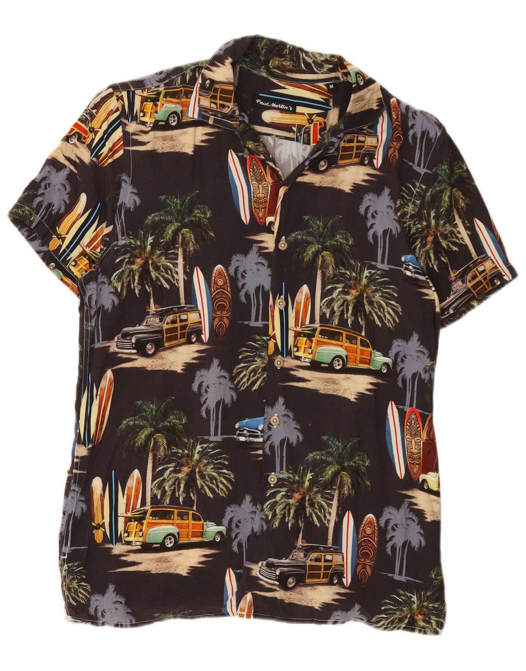 Camicia vintage da uomo a maniche corte con grafica hawaiana in viscosa nera media