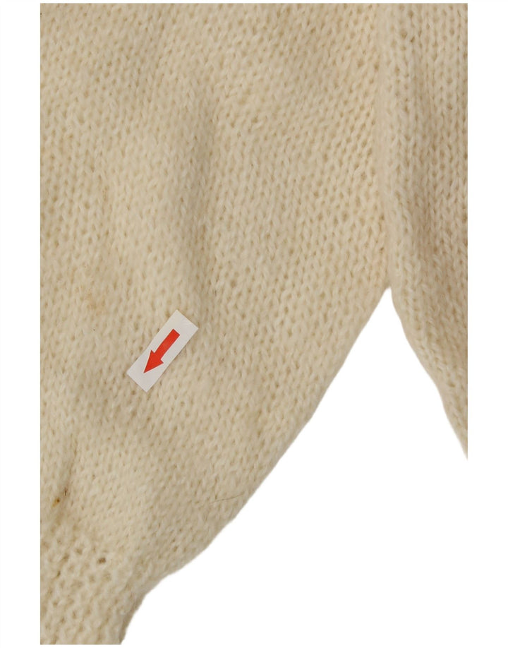 Maglione maglione collo alto da donna vintage UK 14 medio bianco sporco geometrico