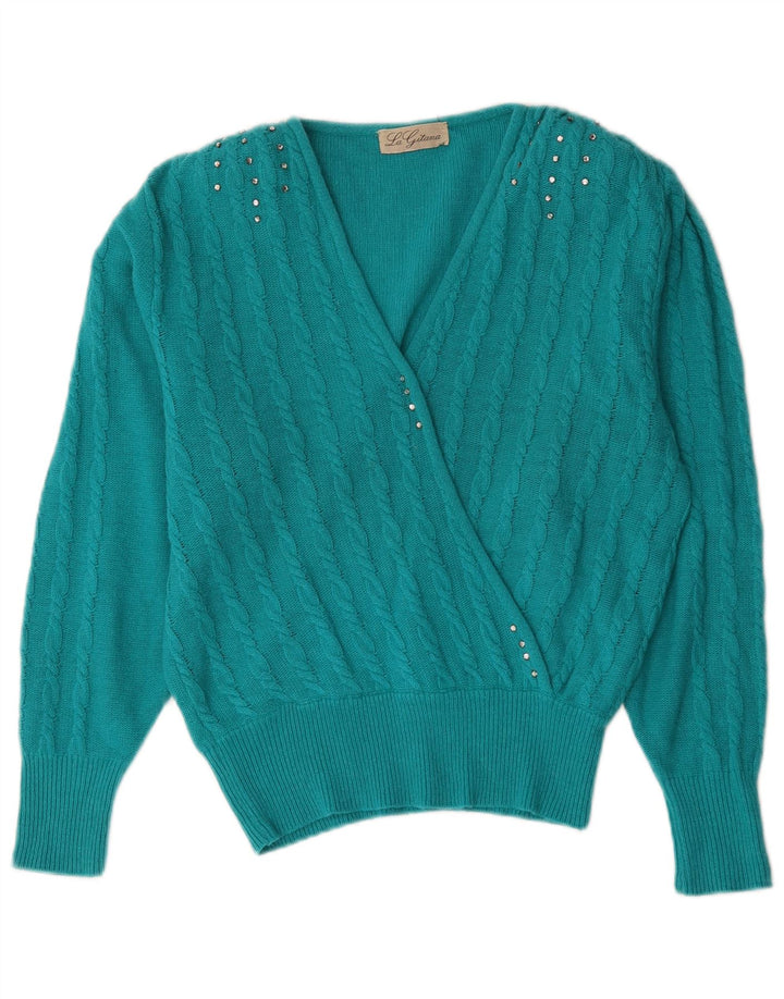 Maglione maglione vintage da donna con scollo a V UK 14 grande lana blu