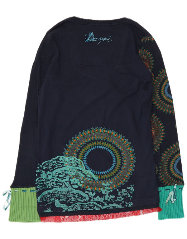 Desigual Donna Graphic Top Manica Lunga UK 12 Medio Blu Navy Geometrico