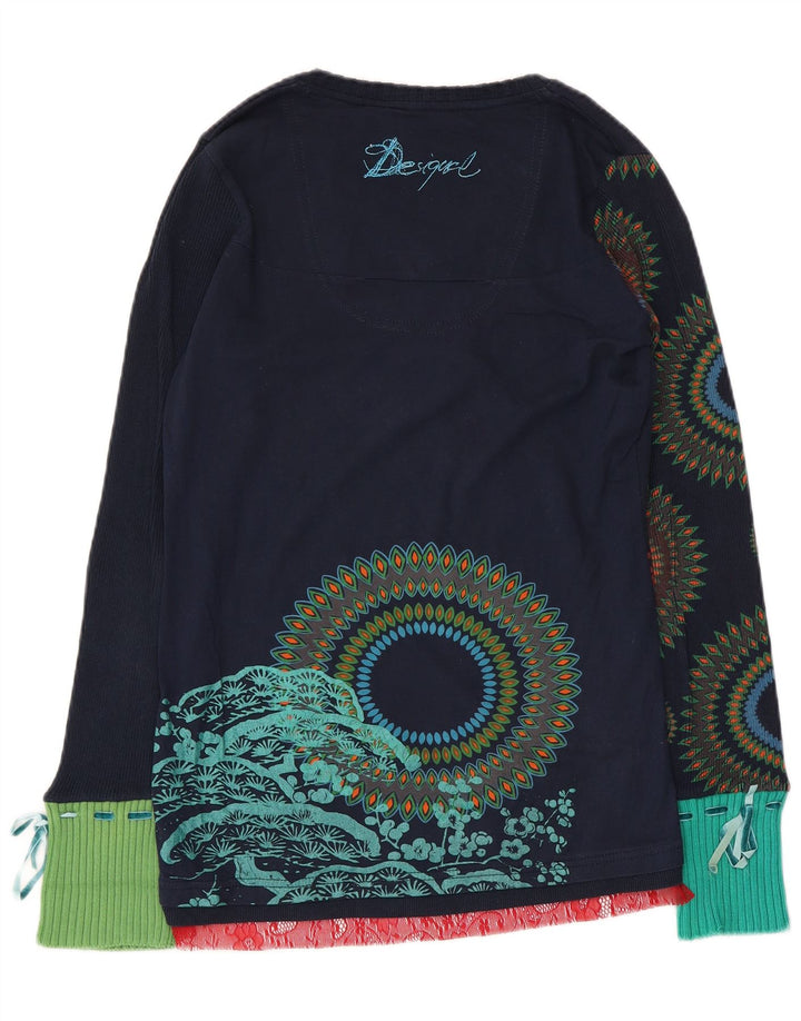 Desigual Donna Graphic Top Manica Lunga UK 12 Medio Blu Navy Geometrico
