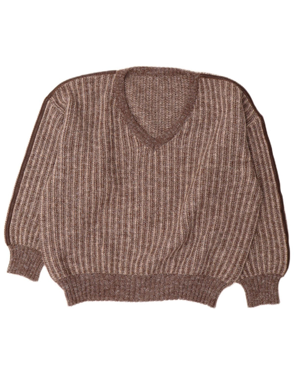 Maglione vintage da uomo con scollo a V IT 50 in lana a righe marrone medio