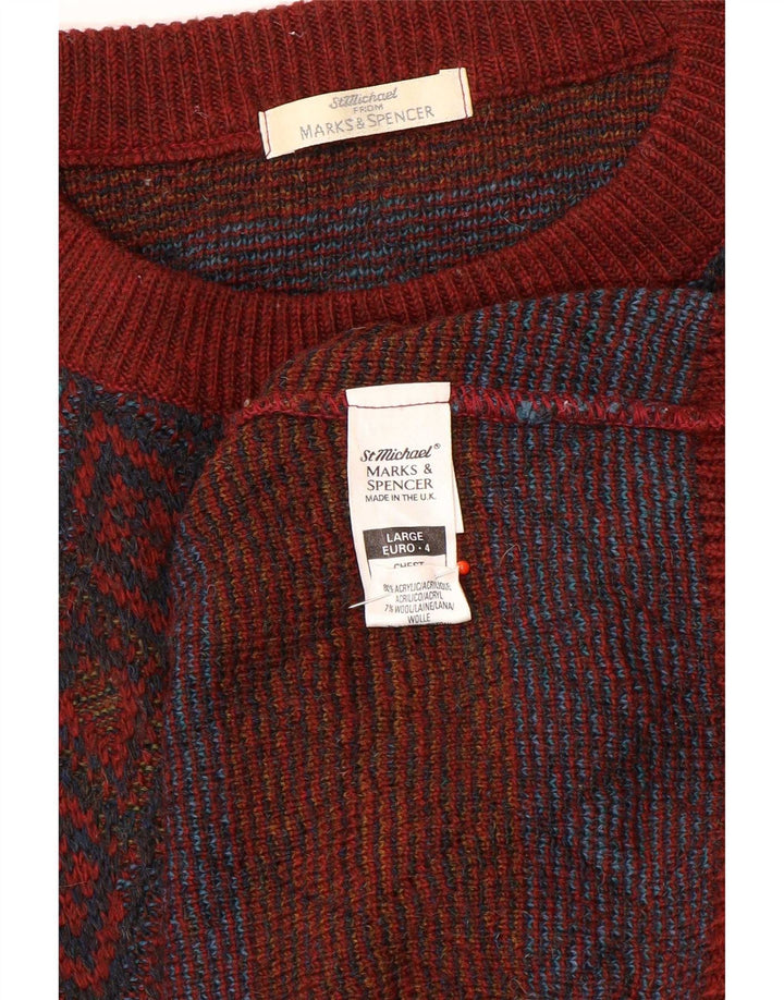 Maglione maglione girocollo da uomo Marks & Spencer grande acrilico geometrico rosso