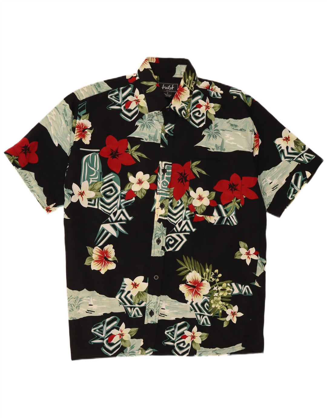 Camicia vintage da uomo a maniche corte piccola hawaiana in poliestere floreale nero
