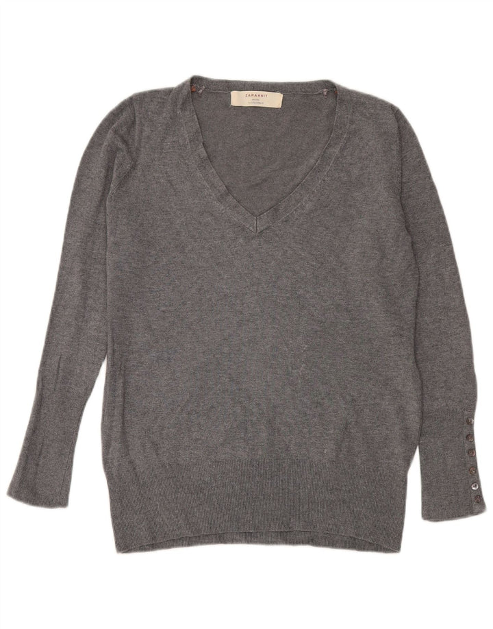 Maglione Zara da donna con scollo a V UK 16 Large Rayon grigio