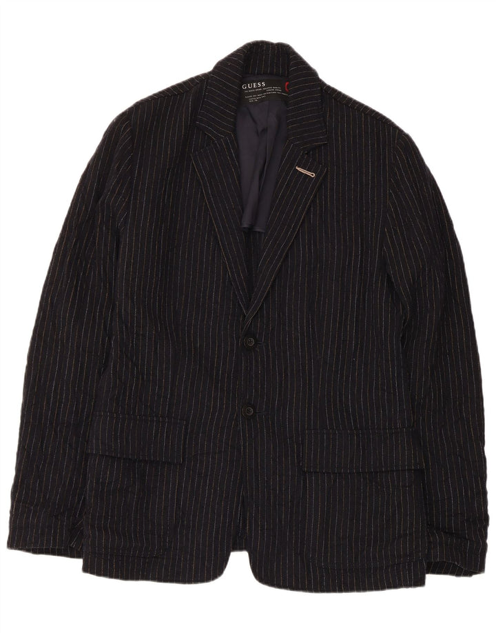 Guess Giacca blazer da uomo a 2 bottoni UK 38 media lana a righe blu navy