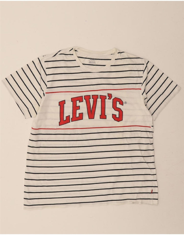 LEVI'S Mens Graphic T-Shirt Top Large White Striped Vintage Levi's and Second-Hand Levi's from Messina Hembry 