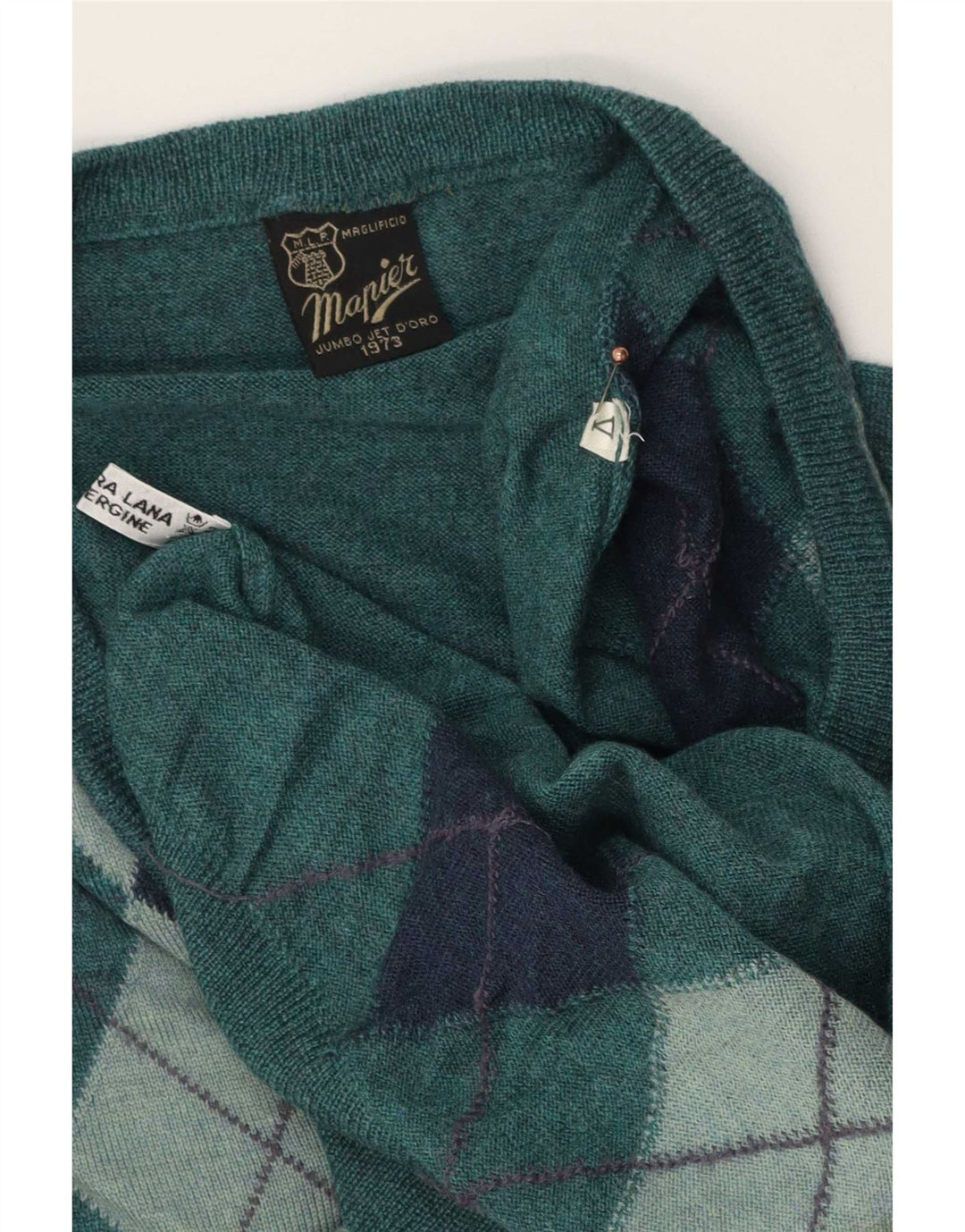 Maglione da uomo con scollo a V Mapier, lana verde medio a rombi/diamante