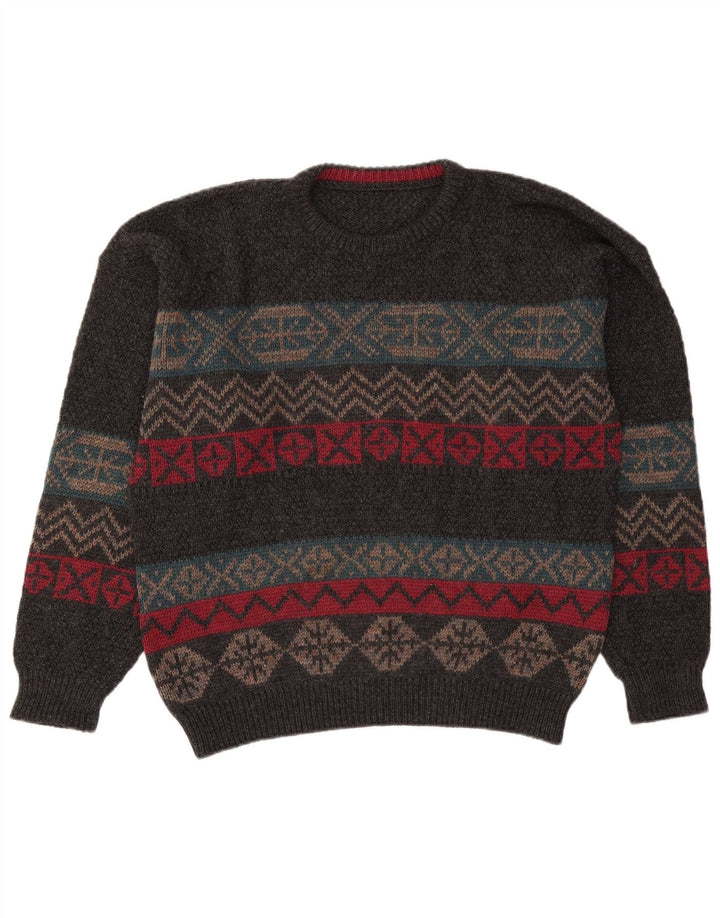Maglione girocollo da uomo vintage in lana Fair Isle grigia XL