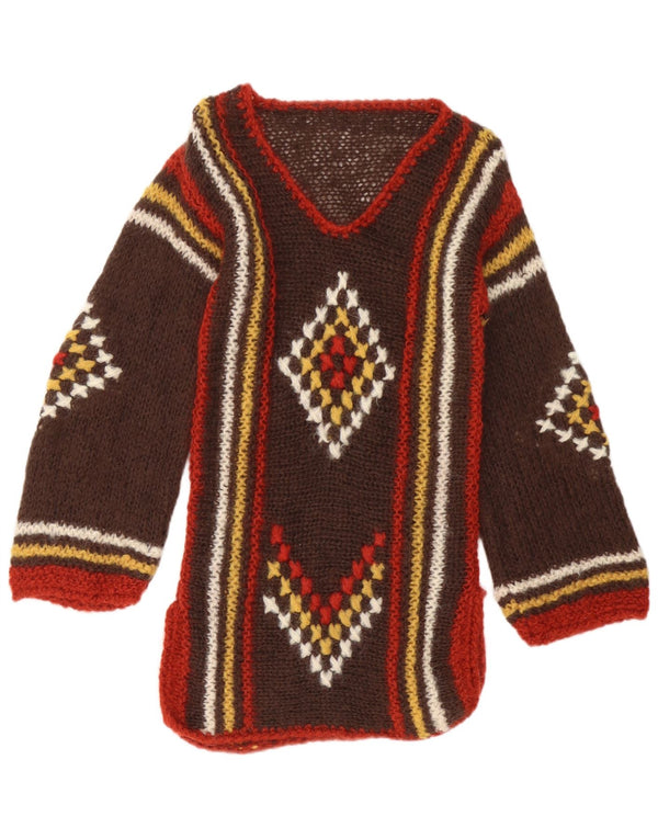 Maglione maglione vintage da donna con scollo a V UK 12 Azteco geometrico marrone medio