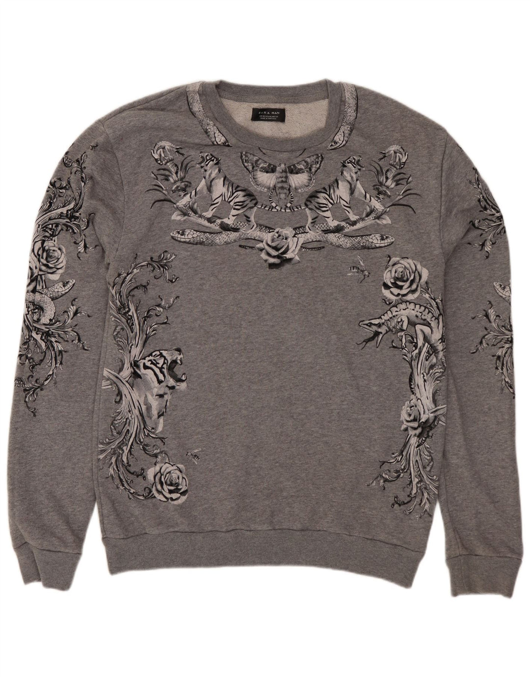 Felpa grafica da uomo Zara in cotone floreale grigio medio