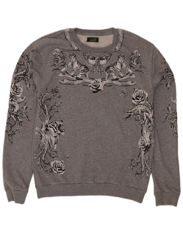 Felpa grafica da uomo Zara in cotone floreale grigio medio