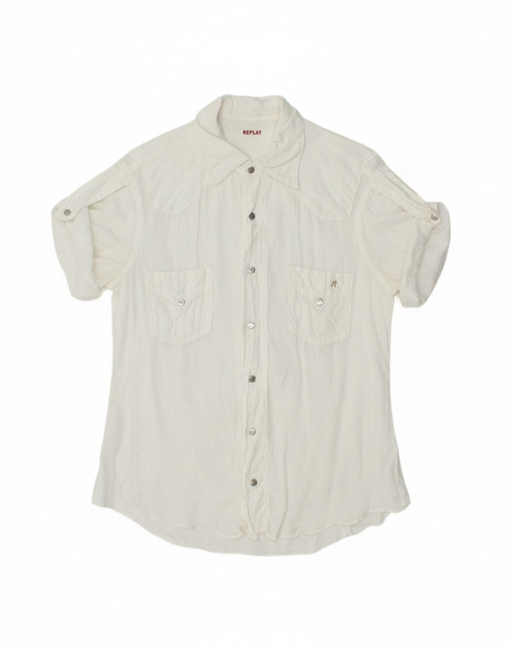 REPLAY Mens Short Sleeve Shirt Medium White Linen