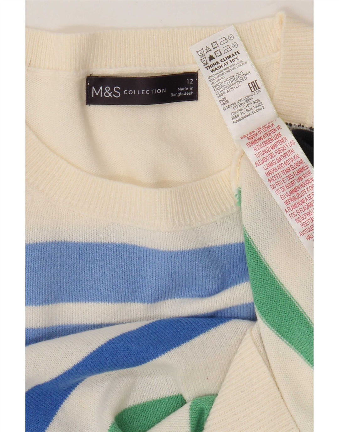 Maglione maglione girocollo da donna Marks & Spencer UK 12 a righe bianche medie