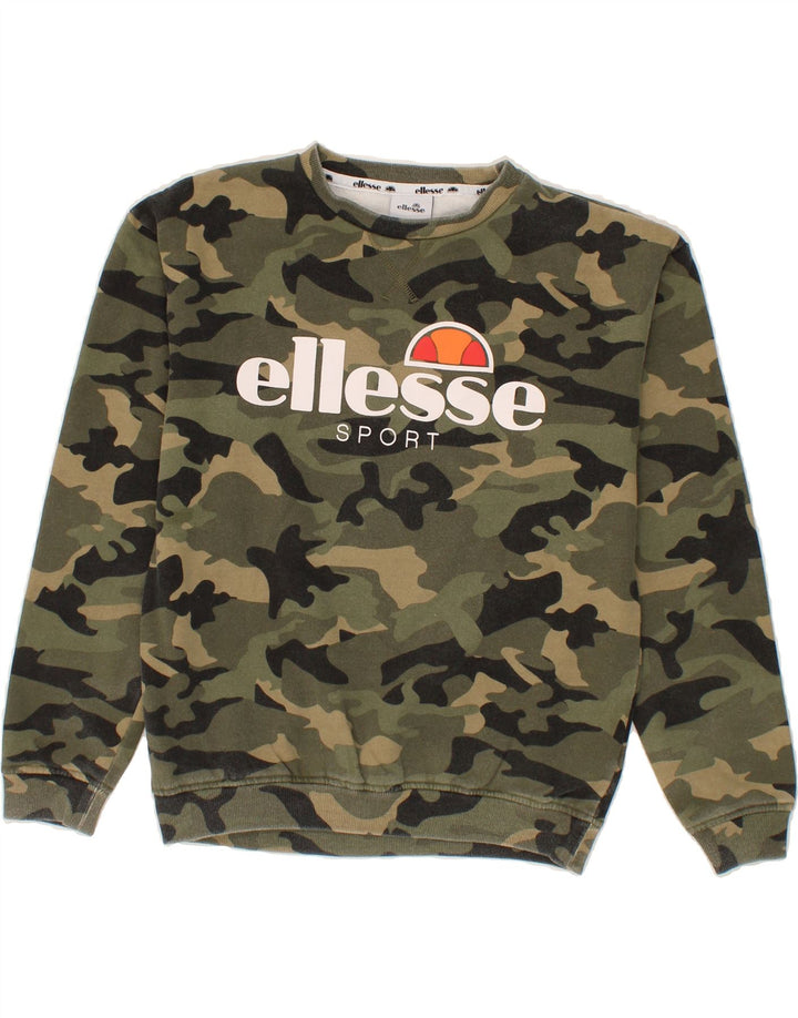 ELLESSE Womens Graphic Sweatshirt Jumper UK 8 Small Green Camouflage Vintage Ellesse and Second-Hand Ellesse from Messina Hembry 