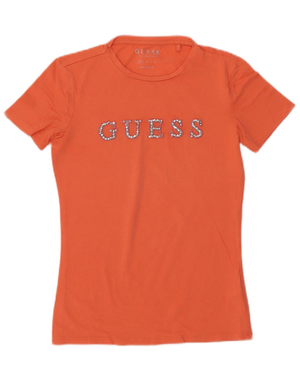 GUESS T-shirt grafica da donna Top UK 6 XS Arancione Cotone