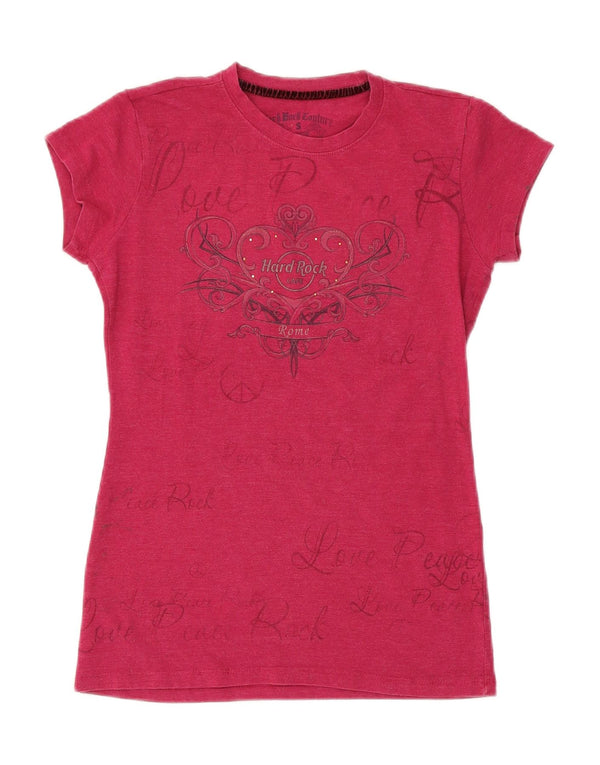 T-shirt grafica da donna Hard Rock Cafe Roma Top UK 10 piccola in cotone rosa