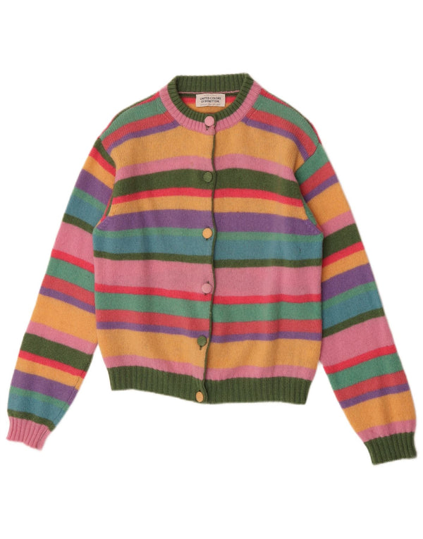 Maglione cardigan da donna Benetton UK 10 piccolo in lana a righe multicolori