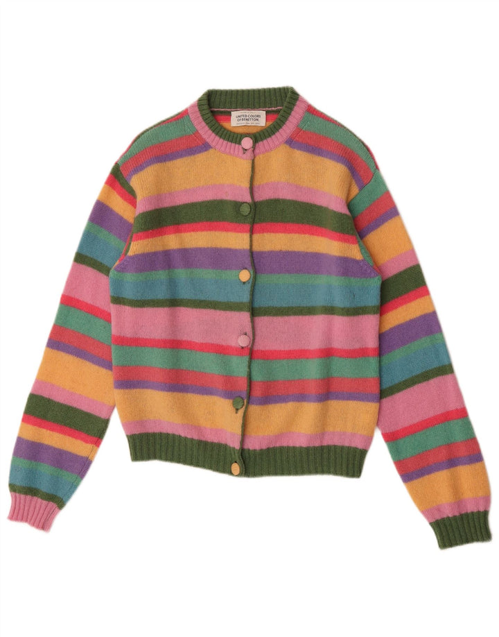 Maglione cardigan da donna Benetton UK 10 piccolo in lana a righe multicolori