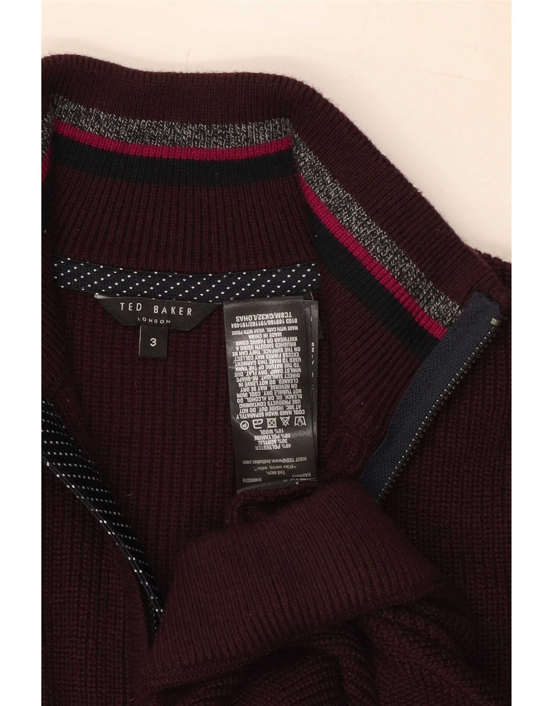 Maglione da uomo con collo con zip Ted Baker taglia 3 poliestere medio bordeaux