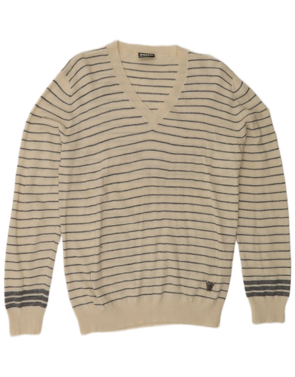 DATCH Maglione da uomo con scollo a V XL in acrilico a righe bianco sporco