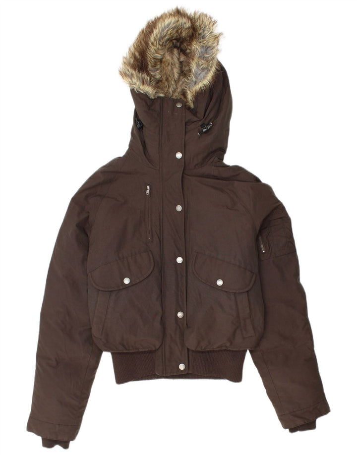 Giacca imbottita con cappuccio bomber da donna Woolrich UK 10 piccola in cotone marrone