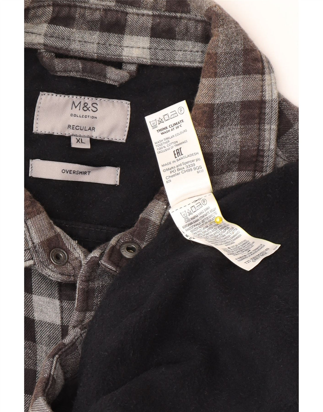 Marks & Spencer Camicia da uomo con vestibilità regolare in flanella XL a quadretti grigi