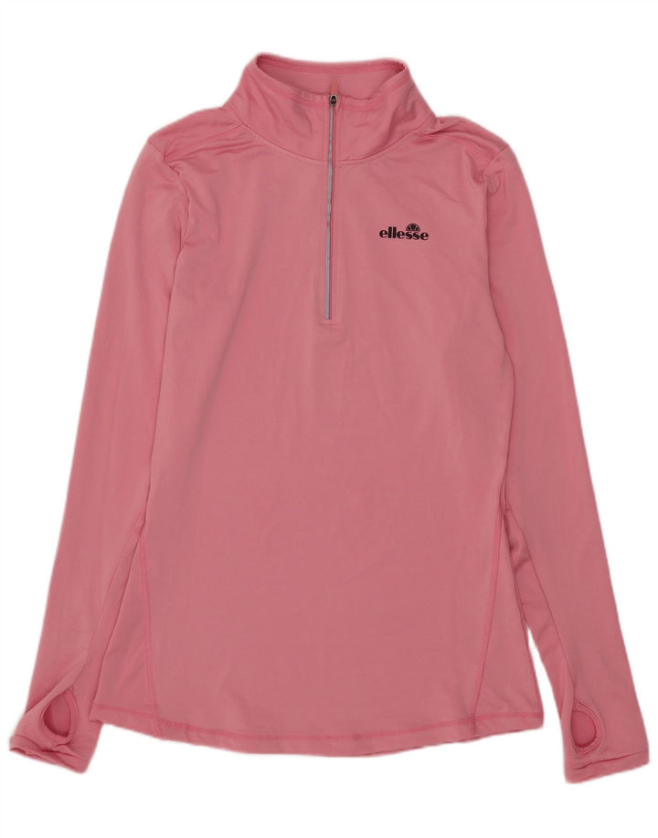 Ellesse, maglietta da donna con collo e zip, manica lunga, UK 12, poliestere rosa medio