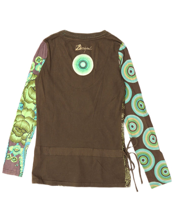 Desigual Donna Graphic Top Manica Lunga UK 10 Piccolo Cachi Cotone Paisley