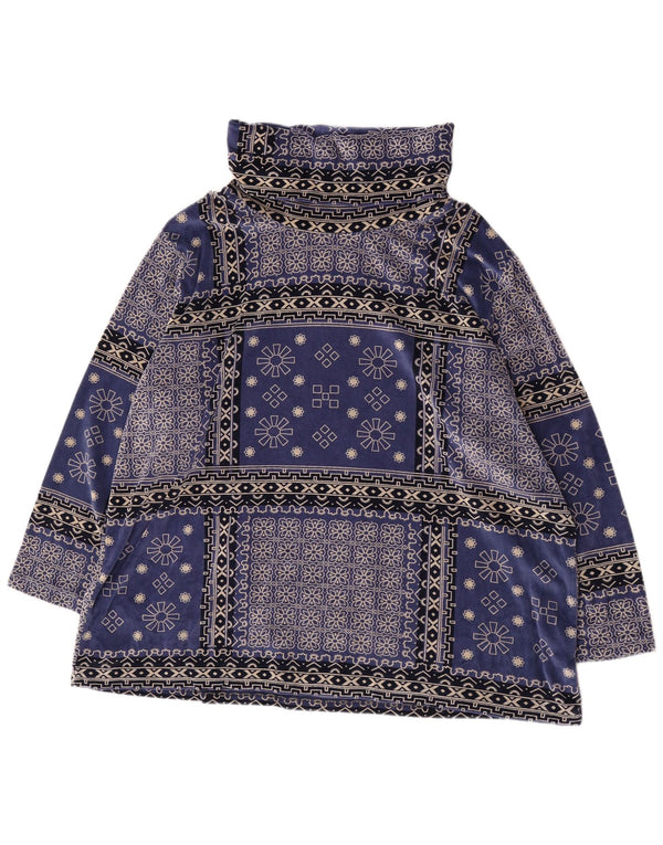 Top da donna vintage in velluto a maniche lunghe UK 20 2XL cotone floreale blu