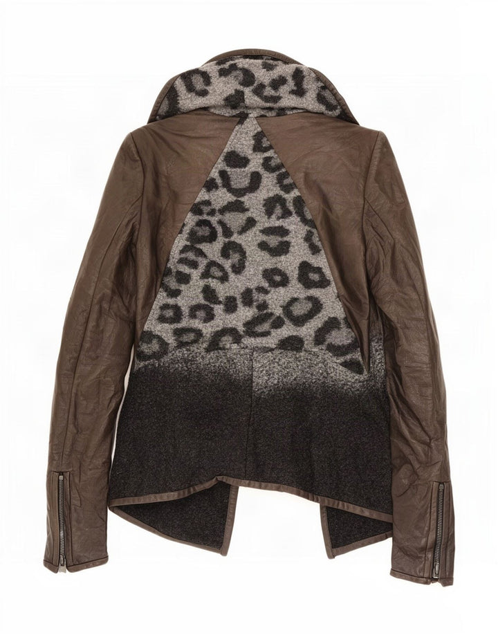 Giacca in pelle vintage da donna UK 10 piccola stampa animalier marrone