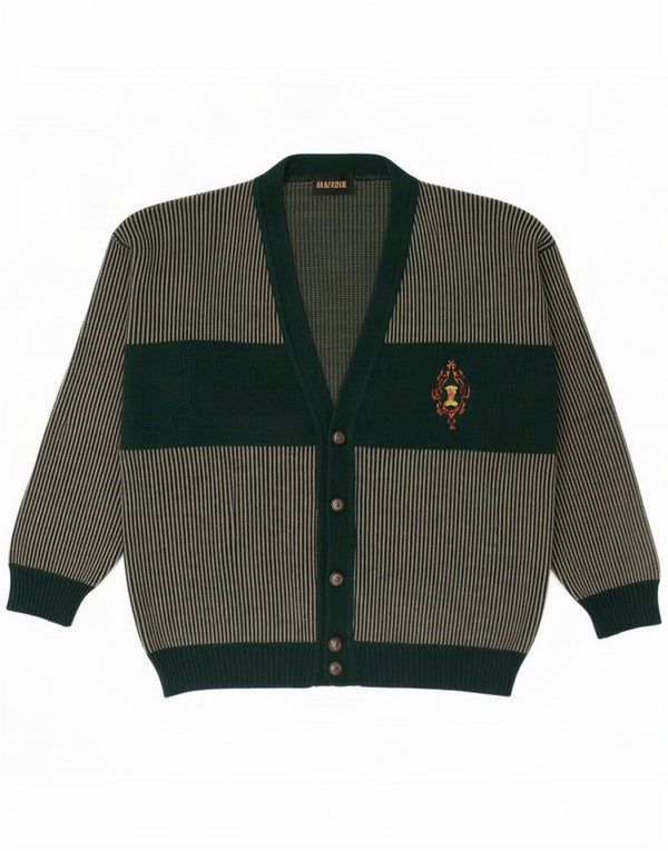 Maglione cardigan vintage da uomo grande in lana a righe verdi
