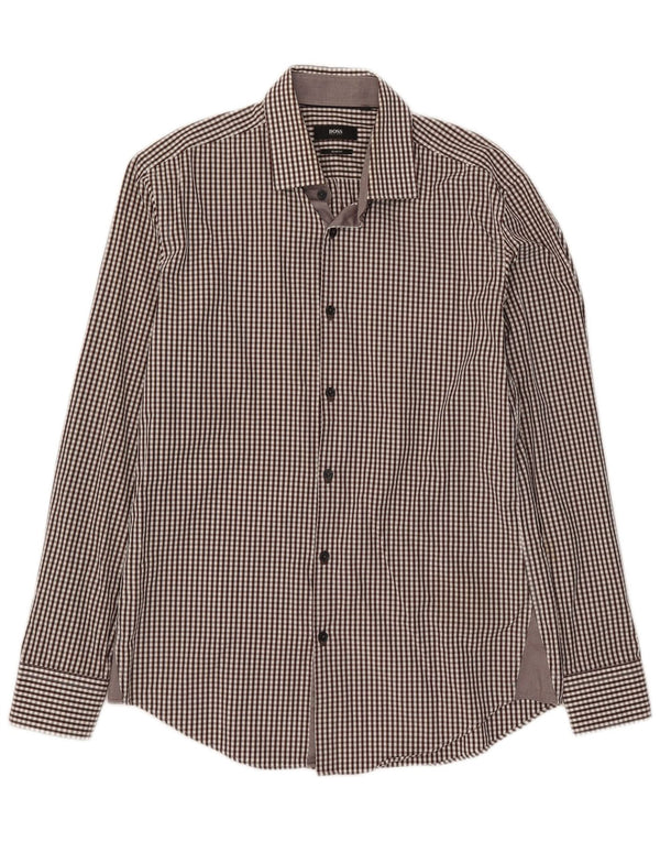 Camicia slim fit da uomo Hugo Boss taglia 40 15 1/2 cotone a quadretti marrone medio