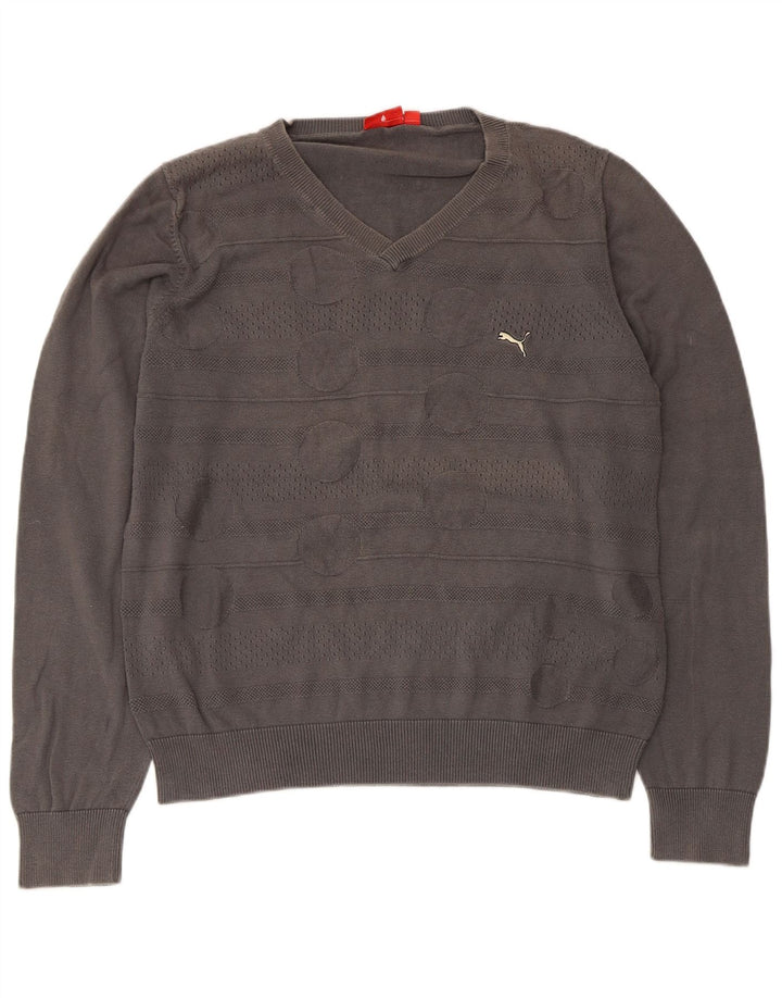 Maglione Puma da uomo con scollo a V, grande cotone geometrico grigio