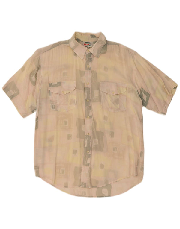 Camicia vintage da uomo a maniche corte XL in cotone geometrico beige
