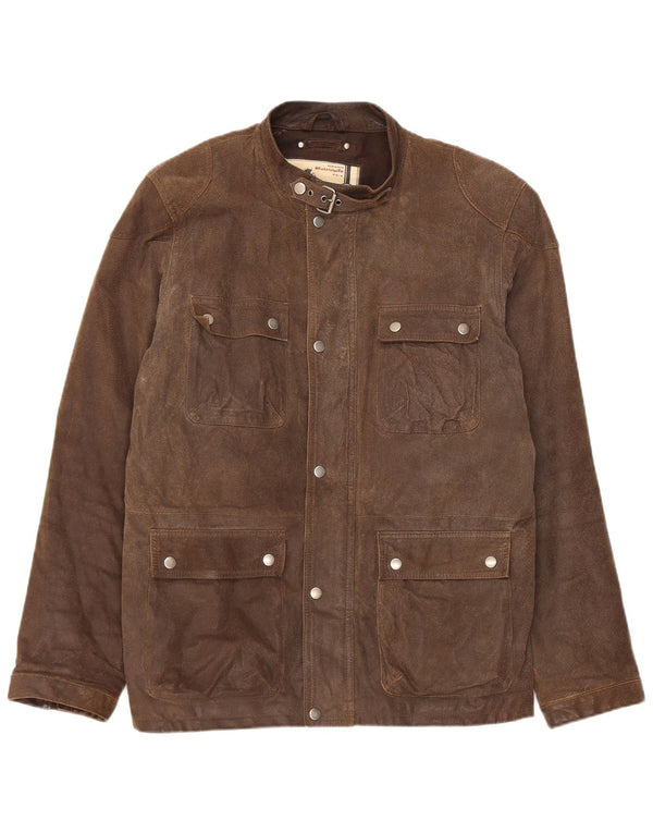 Giacca utilitaria in pelle da motociclista vintage da uomo UK 38 Marrone medio