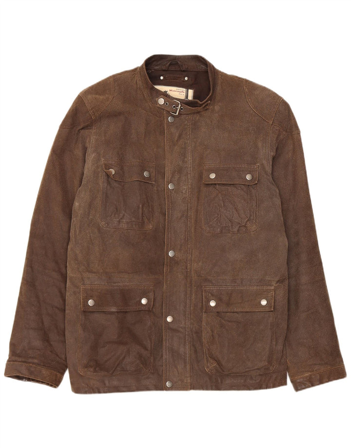 Giacca utilitaria in pelle da motociclista vintage da uomo UK 38 Marrone medio