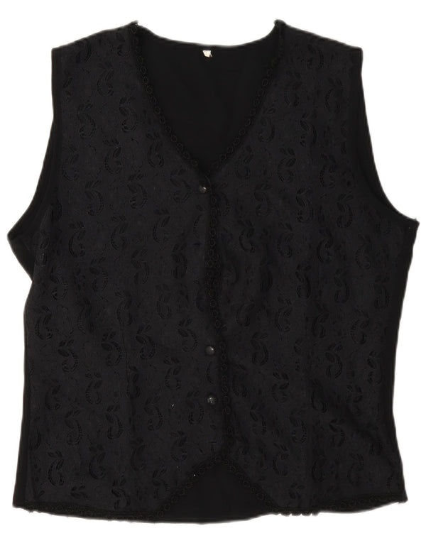 Camicetta camicia vintage in pizzo senza maniche da donna UK 16 grande floreale nero