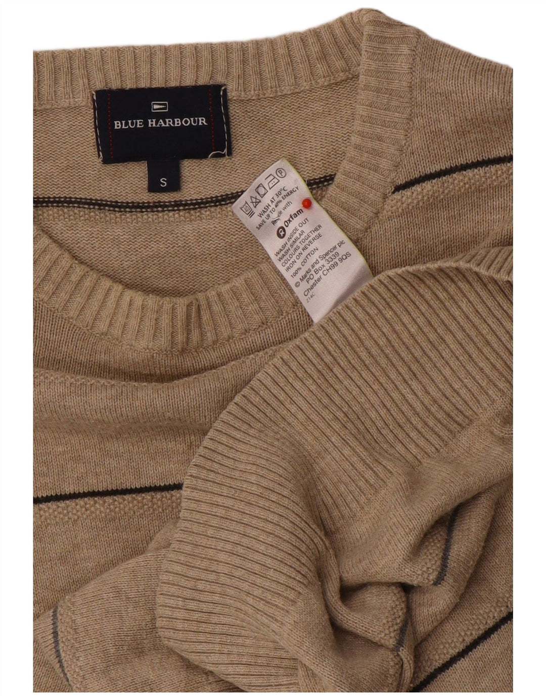 Maglione maglione girocollo da uomo Marks & Spencer blu Harbour piccolo beige