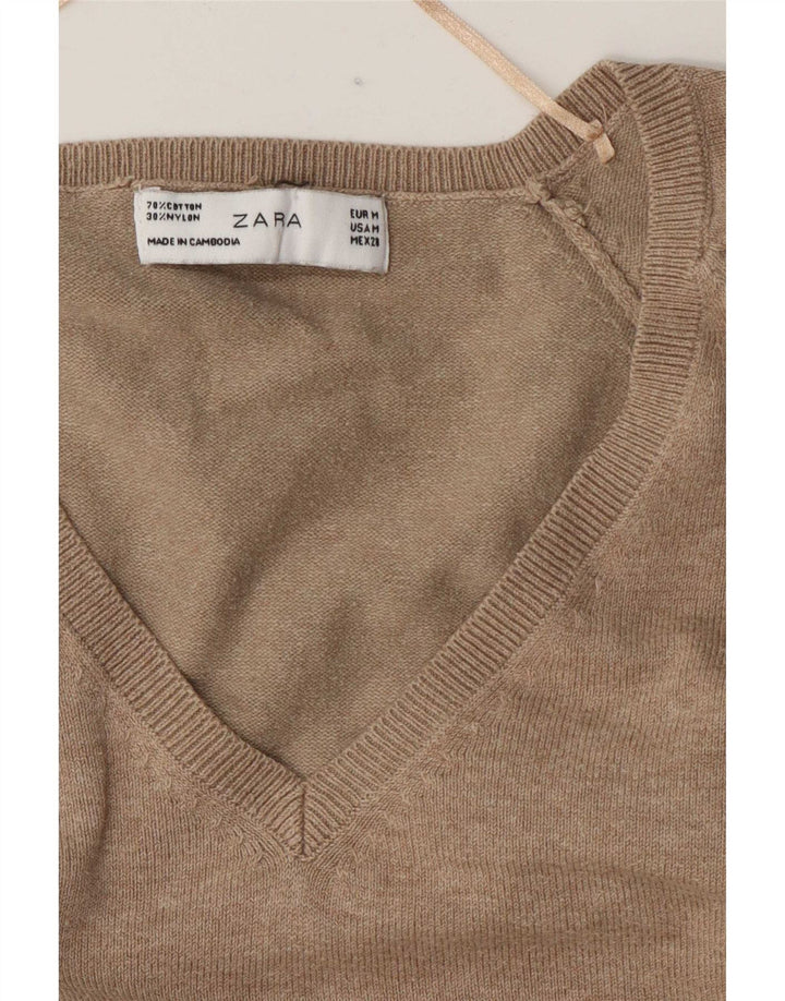 Maglione da donna con scollo a V Zara UK 14 Cotone marrone medio