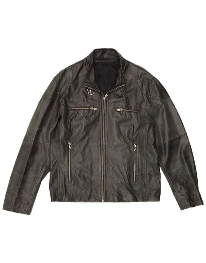 Giacca in pelle vintage da uomo IT 50 grande in pelle grigia