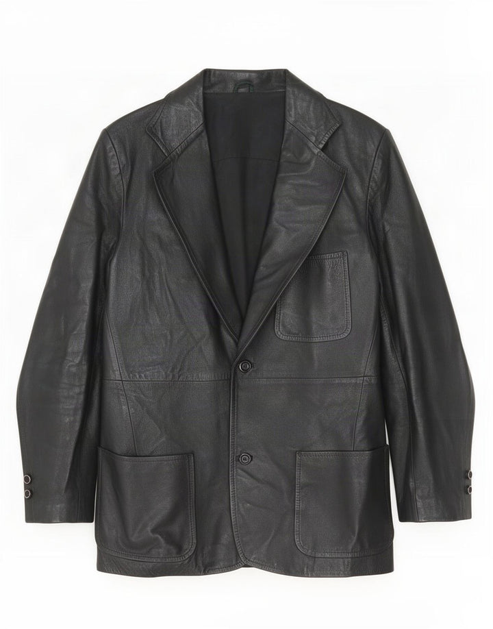 Giacca blazer in pelle vintage da donna a 2 bottoni IT 48 media nera