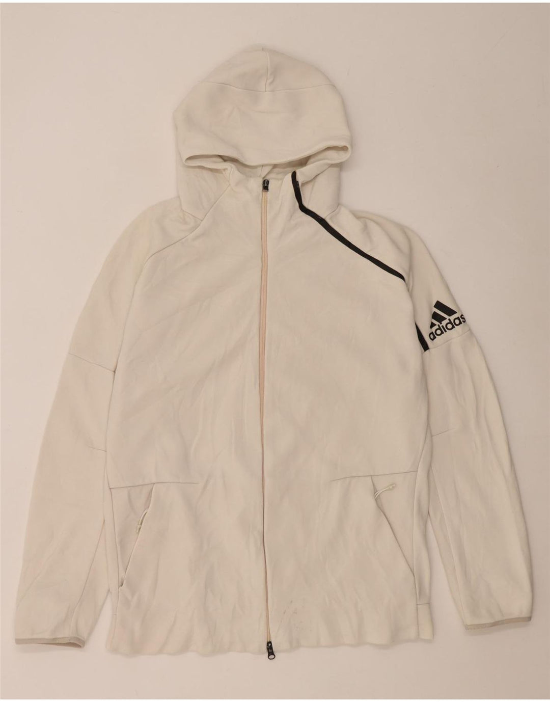 Maglione con cappuccio e zip grafica da uomo Adidas grande, bianco sporco