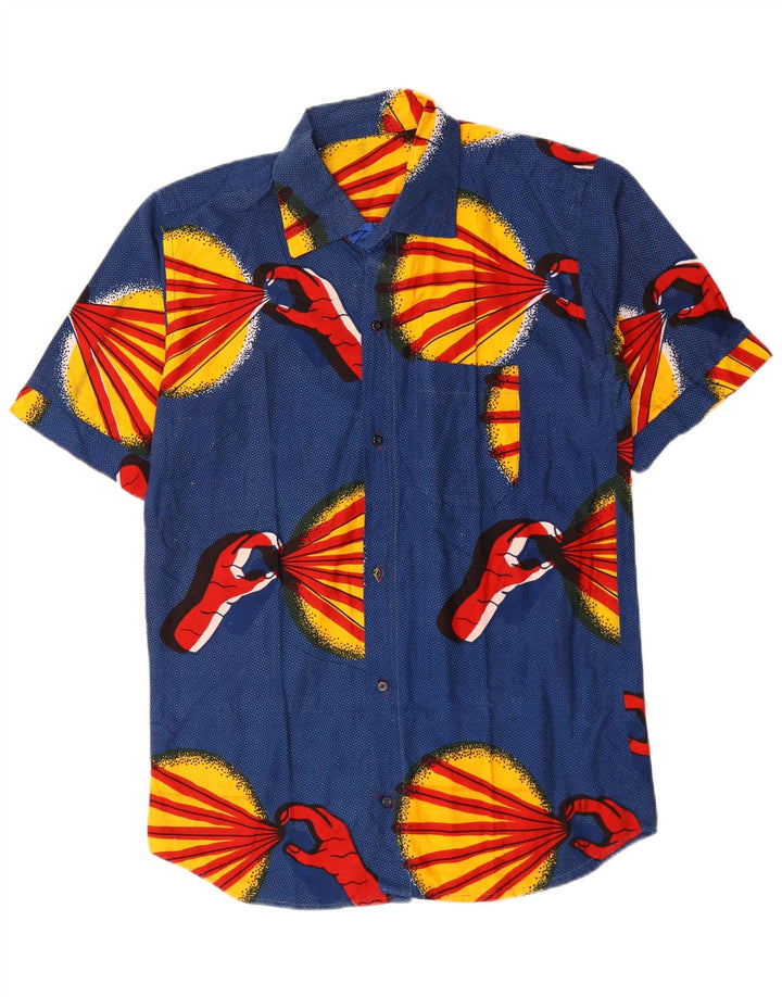 Camicia a maniche corte vintage da uomo con motivo astratto blu medio