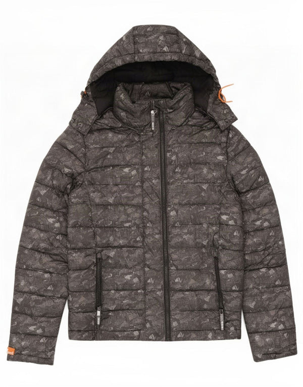 Giacca imbottita con cappuccio da donna Superdry UK 14 Poliestere mimetico grigio medio