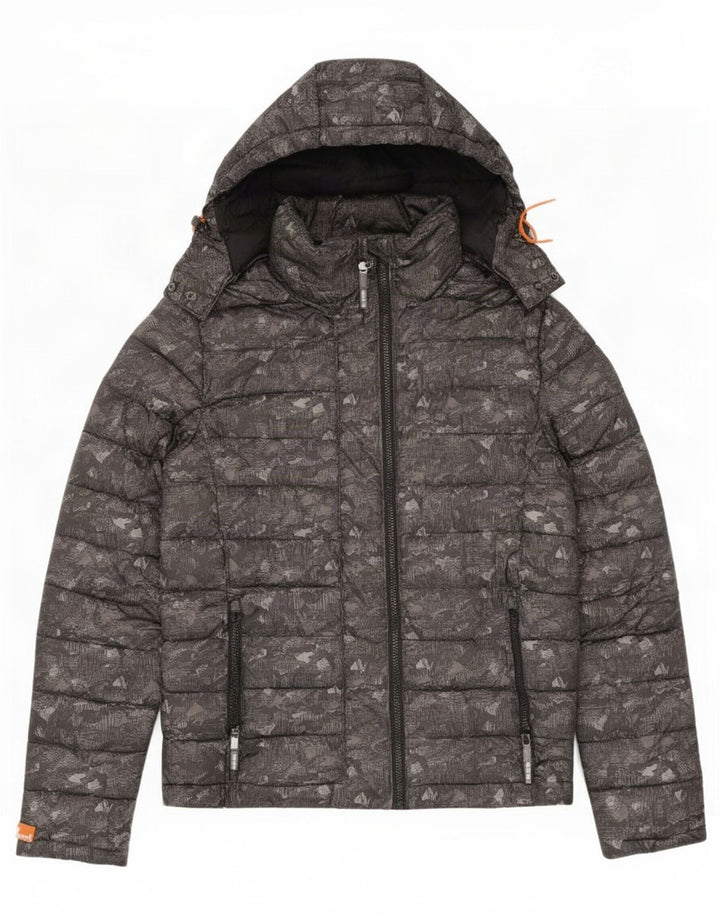 Giacca imbottita con cappuccio da donna Superdry UK 14 Poliestere mimetico grigio medio