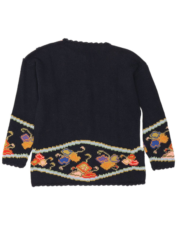 Maglione cardigan da donna vintage UK 14 cotone floreale medio blu navy