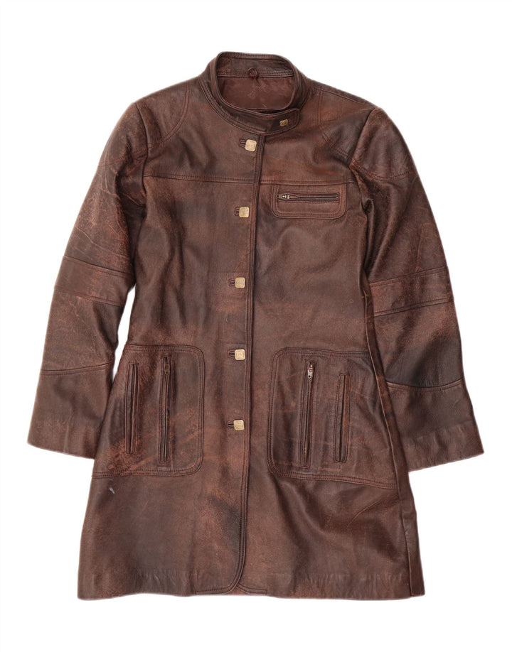 Cappotto in pelle vintage da donna UK 14 in pelle marrone medio